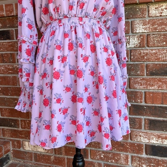 Shabby Chic Everleigh Rose Floral Print Ruffle Trim V-Neck Blouson Smocked Dress - Picture 3 of 8